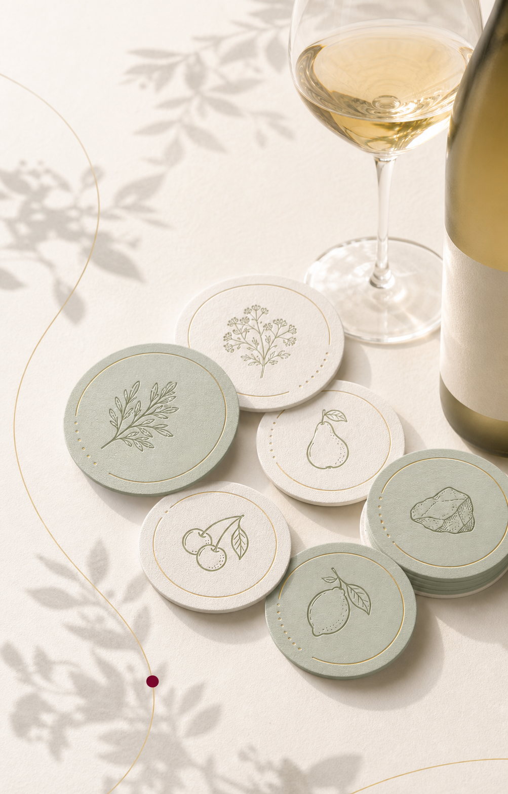 Embossed tasting medallions beside a glass of white wine