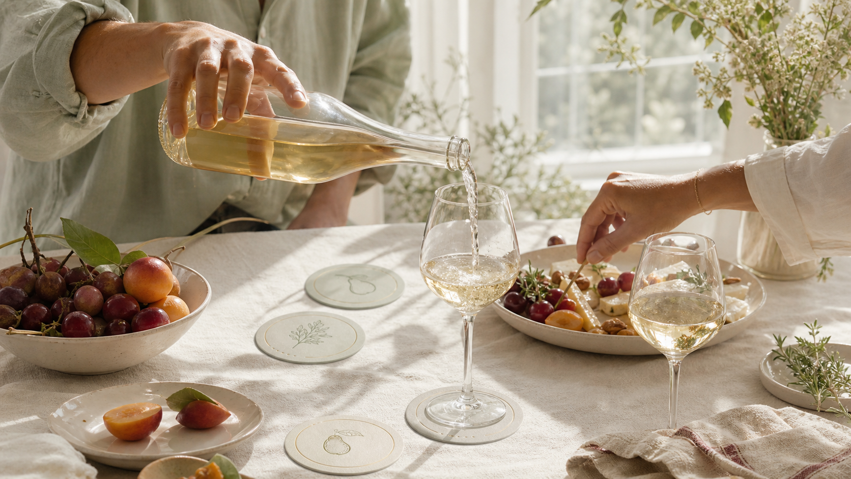 Friends sharing white wine at a bright lunch table