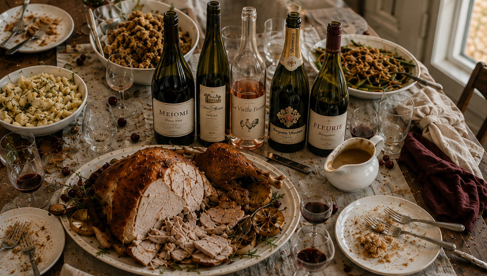 Thanksgiving table with turkey and open wine bottles