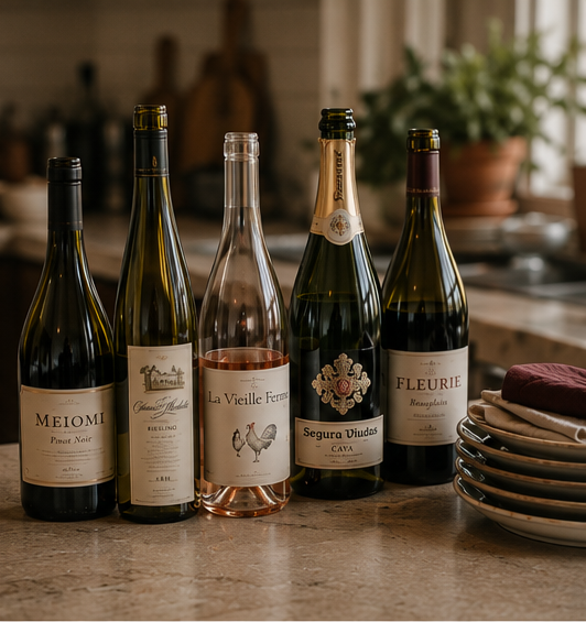 Five Thanksgiving wine styles on a kitchen counter