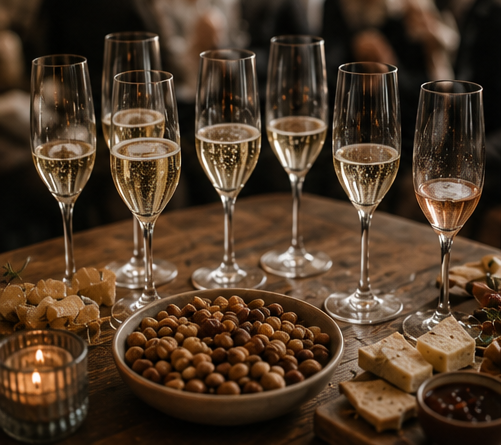 Sparkling wine glasses with Thanksgiving appetizers