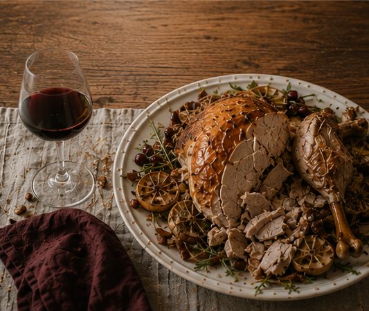 Roast Thanksgiving turkey served with red wine