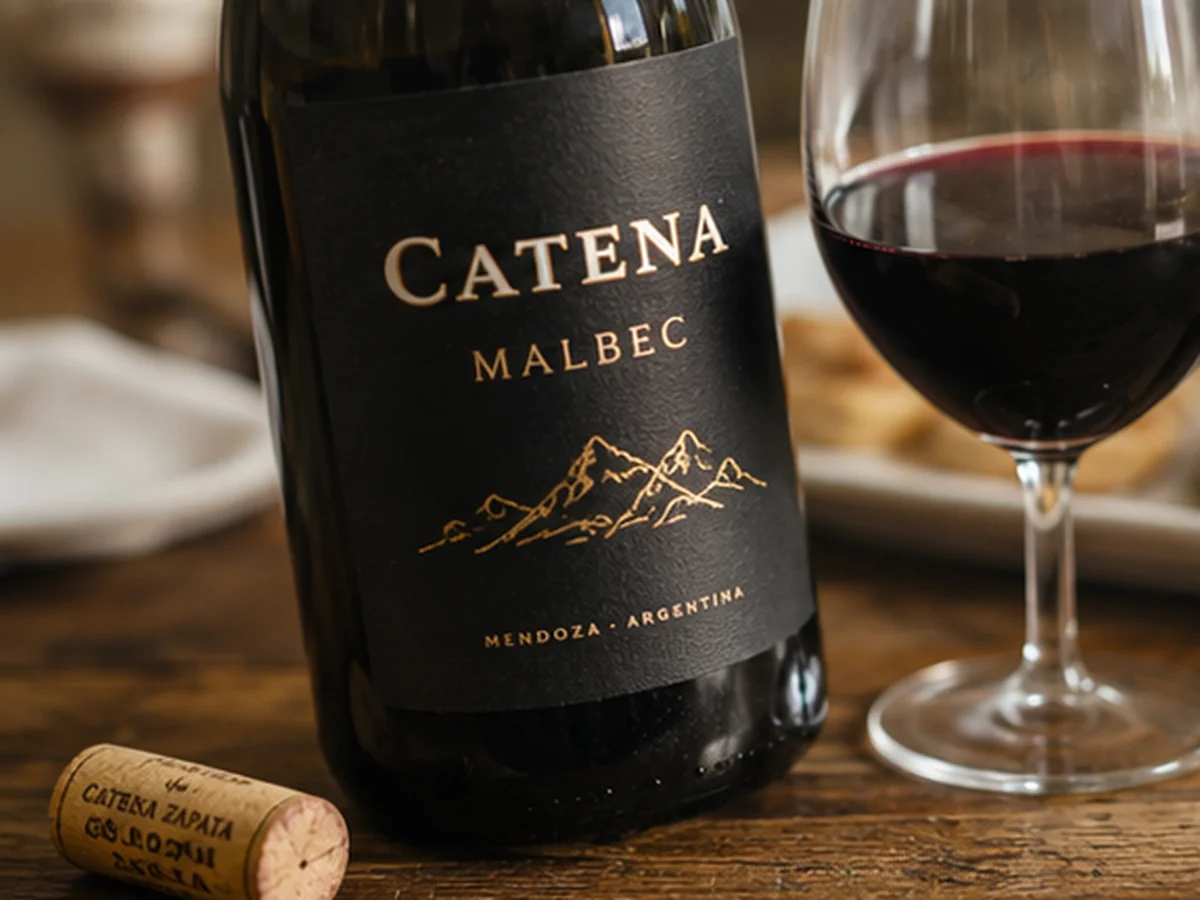 Close-up of a Catena Malbec bottle with a glass of deep red wine and a cork on the table.