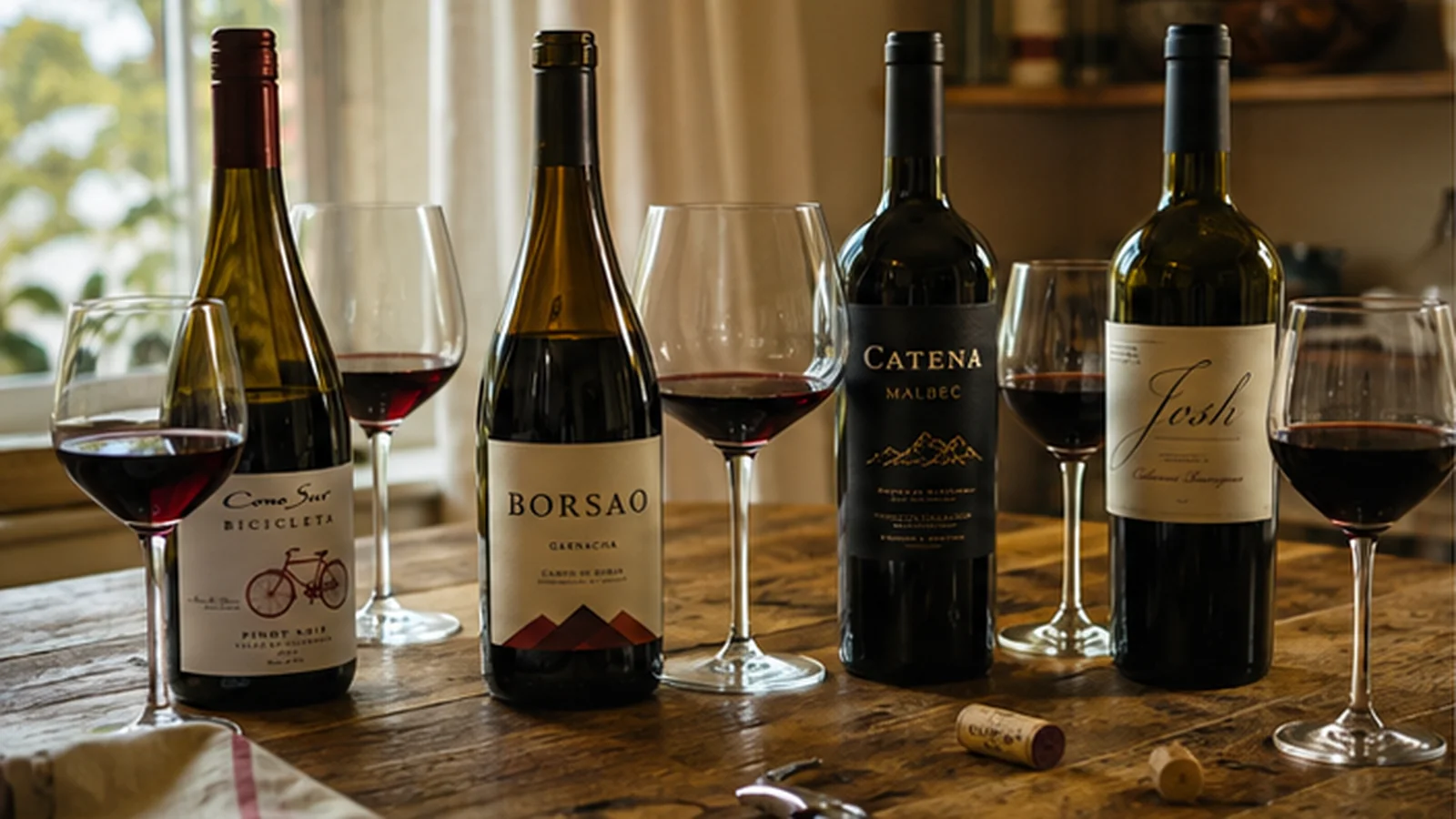 Four opened red wine bottles with partly filled glasses, corks and a corkscrew on a rustic wooden table.