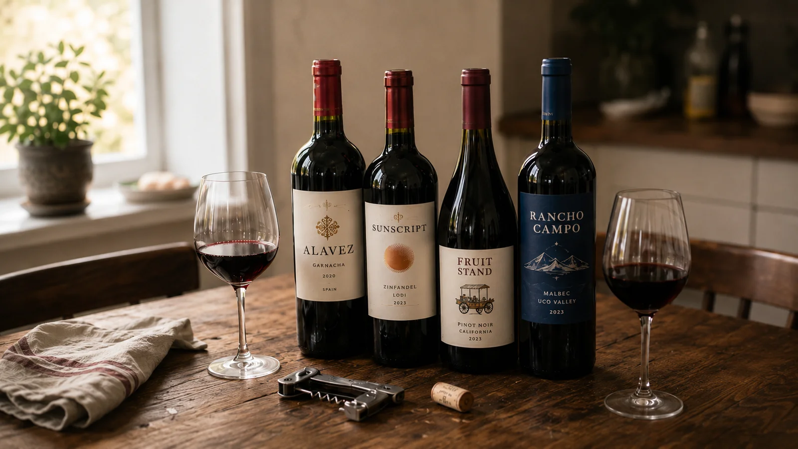 Four red wine bottles with plain fictional labels and two glasses of red wine on a wooden kitchen table.