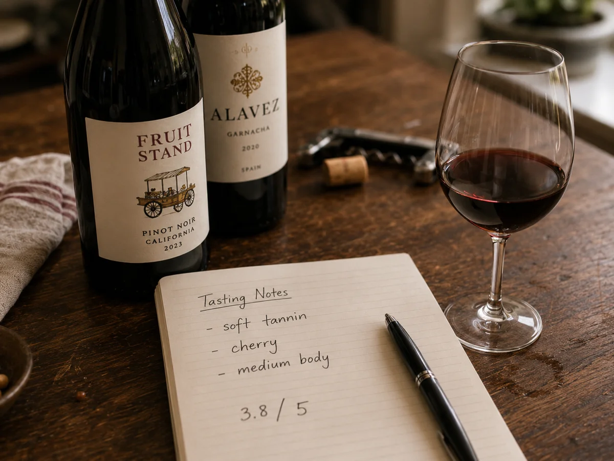 A handwritten tasting notes notebook beside two wine bottles and a glass of red wine on a wooden table.