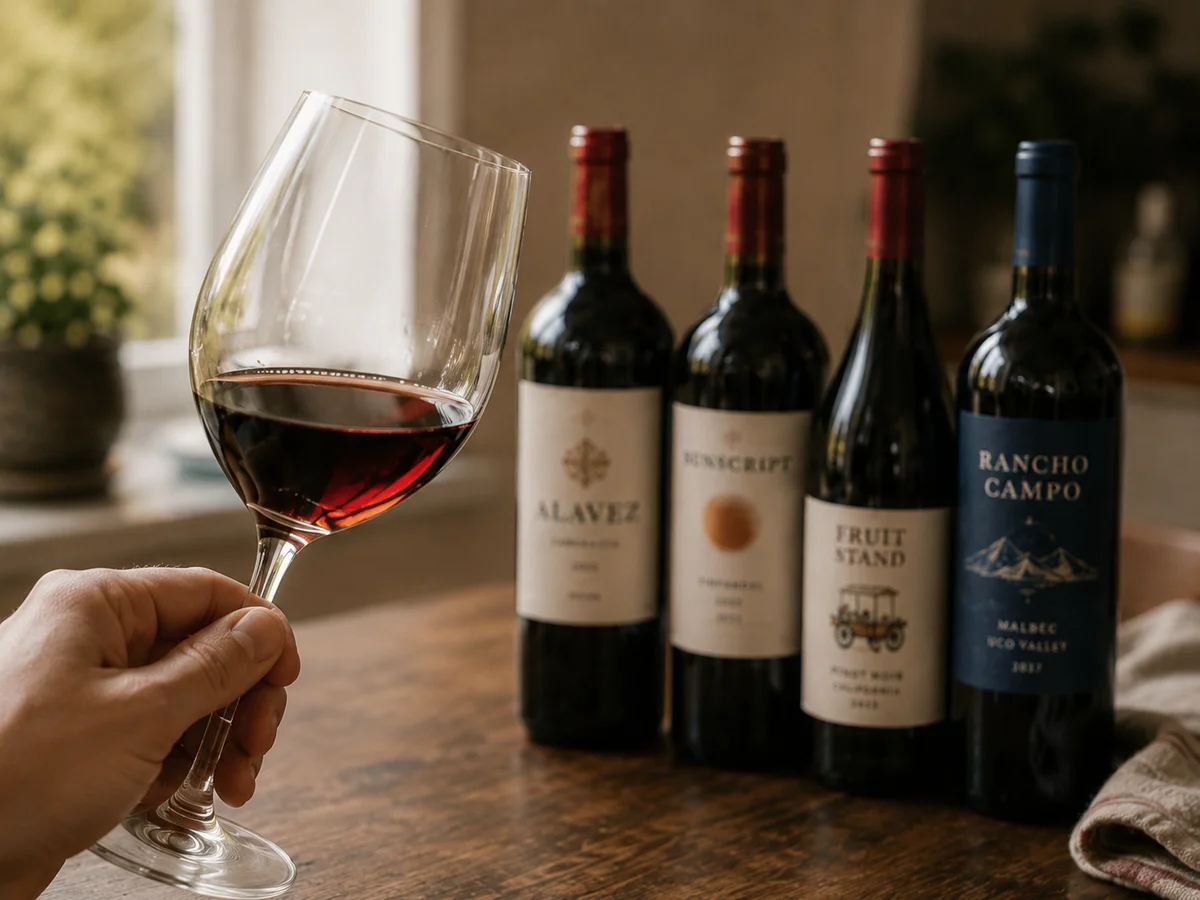 A hand holding a glass of red wine up to the light, with wine bottles blurred in the background.