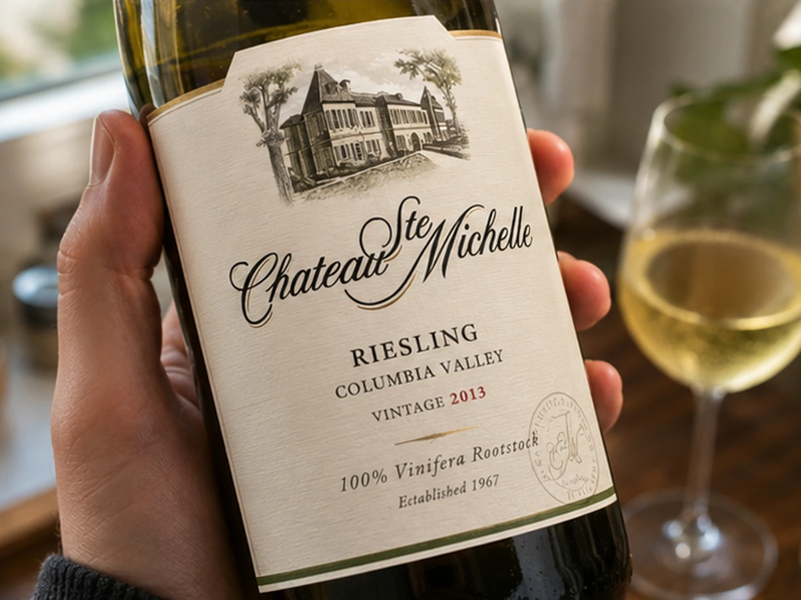 Close-up of a Riesling bottle label