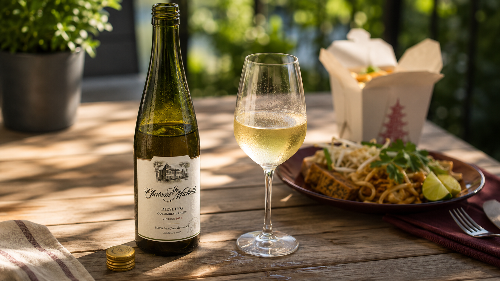 Riesling bottle and glass with Thai takeout