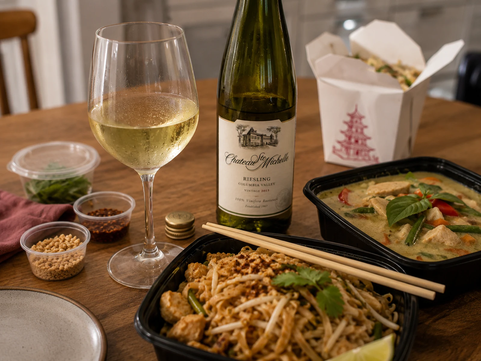 Riesling served with noodles and curry takeout