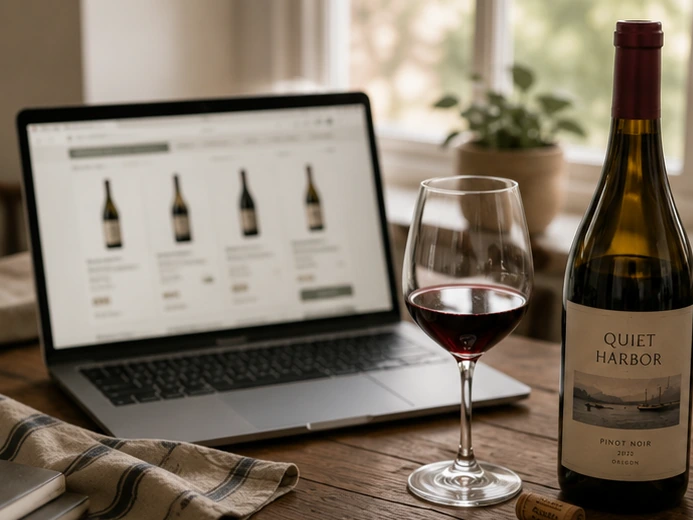 A laptop showing a wine shopping page next to a glass of red wine and a bottle on a wooden table.