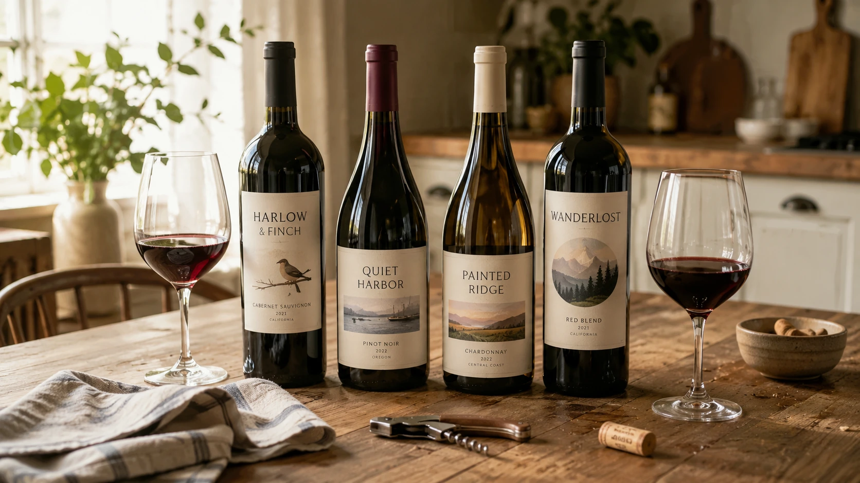 Four wine bottles with fictional labels and two glasses of red wine on a wooden kitchen table.