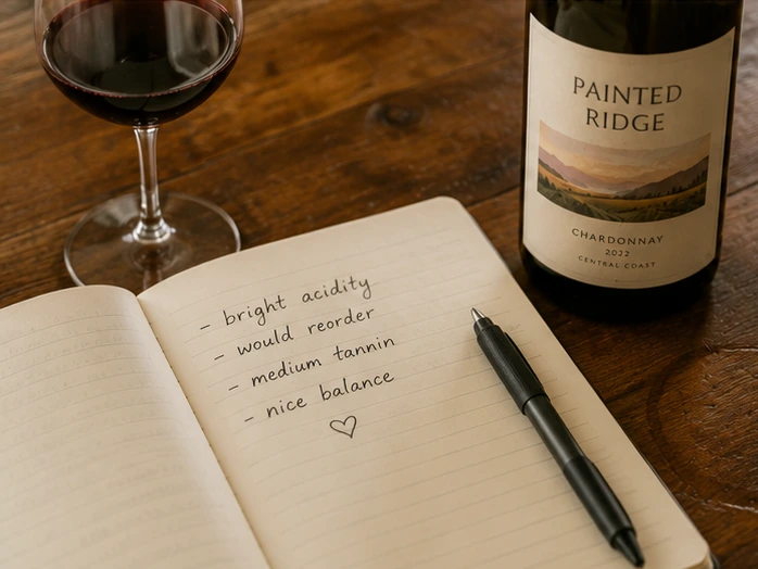 A handwritten tasting notes notebook beside a wine bottle and a glass of red wine.