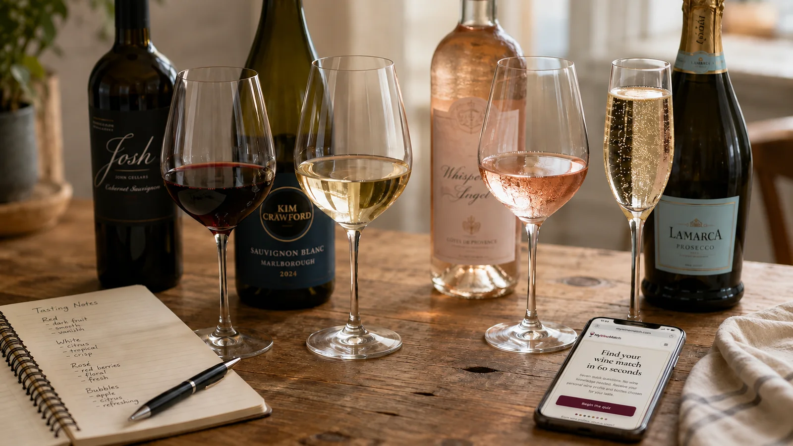 Four glasses of wine, red, white, rose and sparkling, lined up on a wooden table with their bottles behind them and a phone showing the MyWineMatch quiz