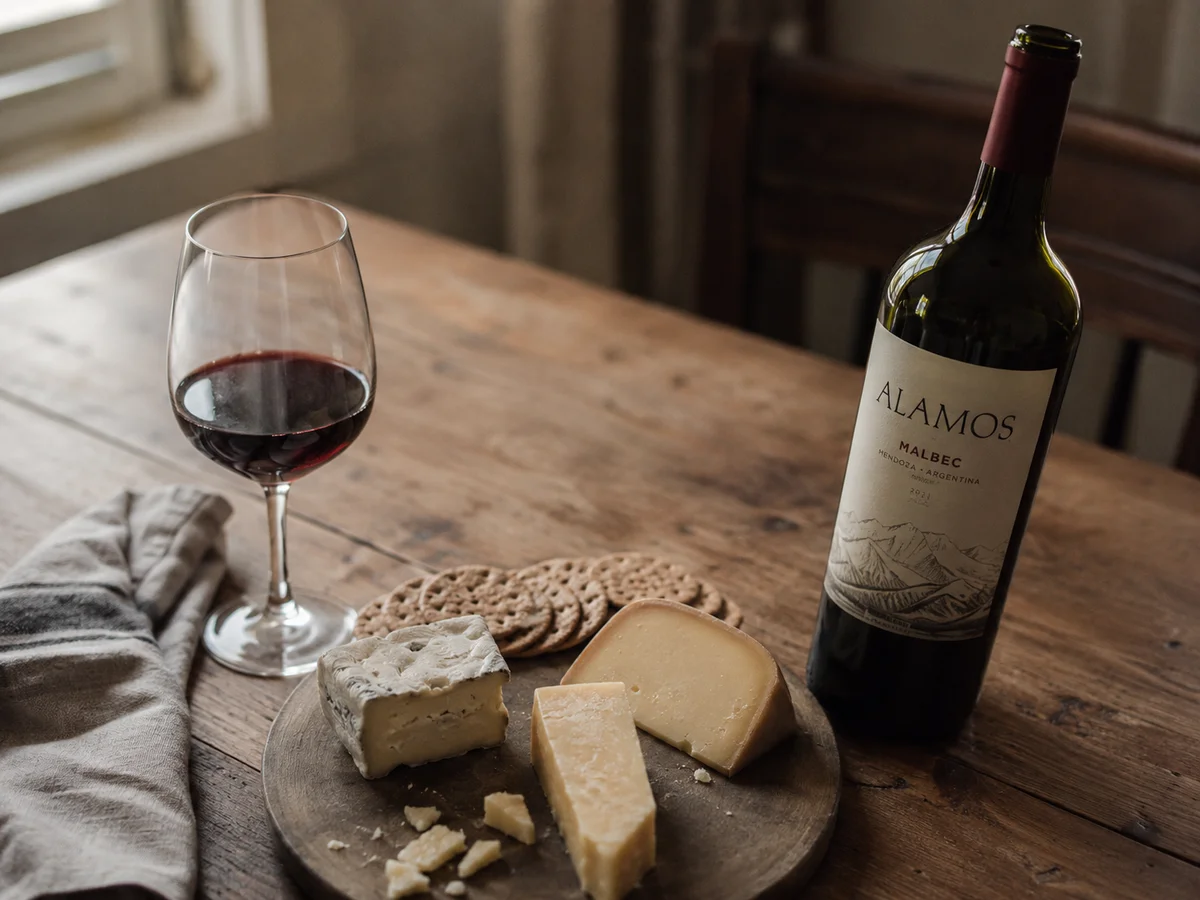 A small cheese board with crackers beside a glass of red wine and a bottle of Malbec
