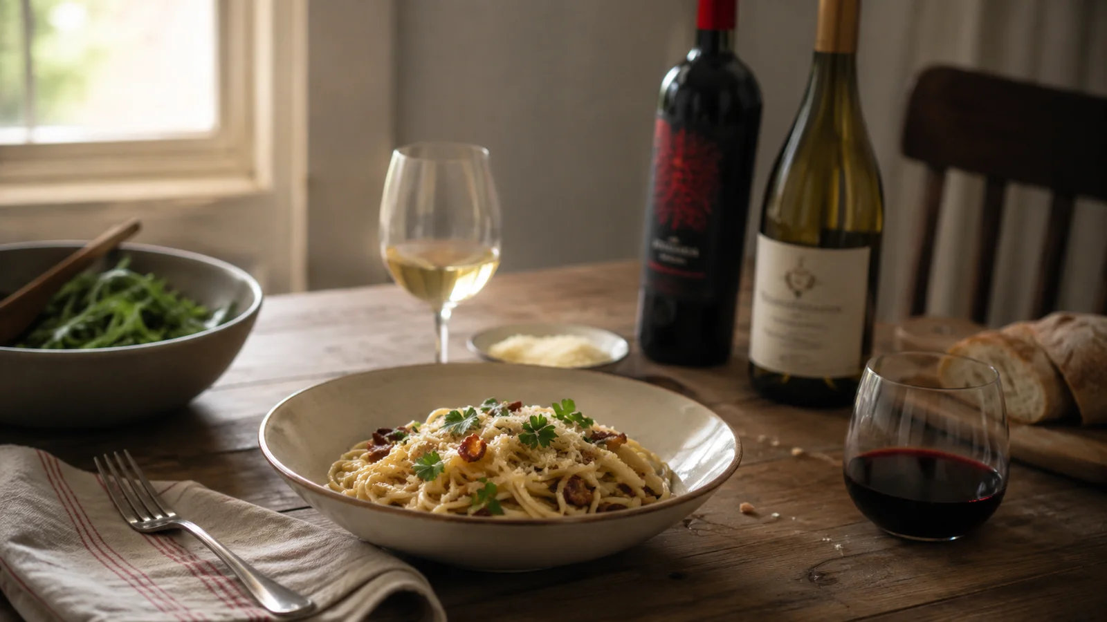 A casual dinner table with a plate of food, a glass of red wine and a glass of white wine, two bottles in soft focus behind