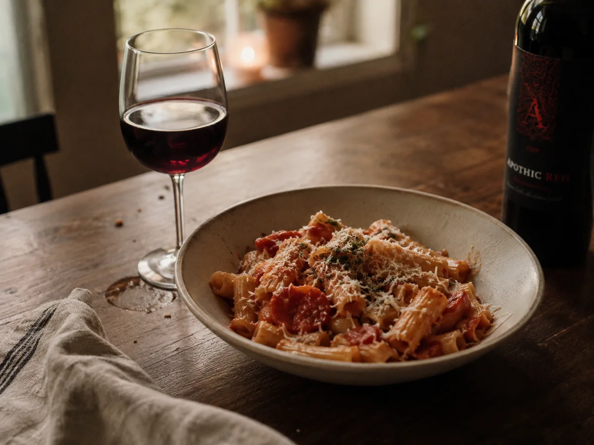 A bowl of tomato pasta next to a glass of red wine on a wooden table