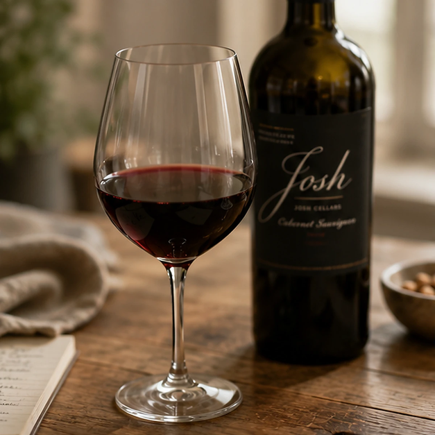 A glass of red wine next to a bottle of Josh Cellars Cabernet Sauvignon on a wooden table in warm window light