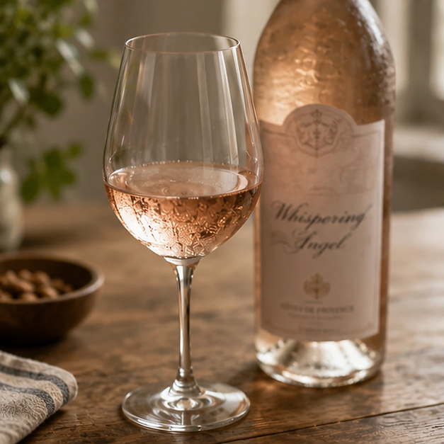A glass of rose next to a bottle of Whispering Angel on a wooden table