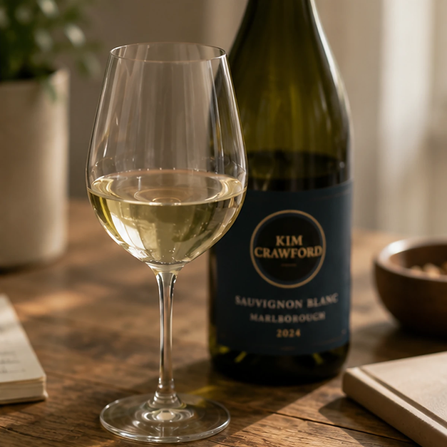 A glass of white wine next to a bottle of Kim Crawford Sauvignon Blanc on a wooden table