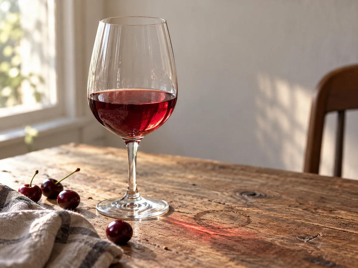 A glass of pale ruby red Pinot Noir on a worn wooden table, lit from behind so the wine glows and casts a soft red pool of light on the wood.