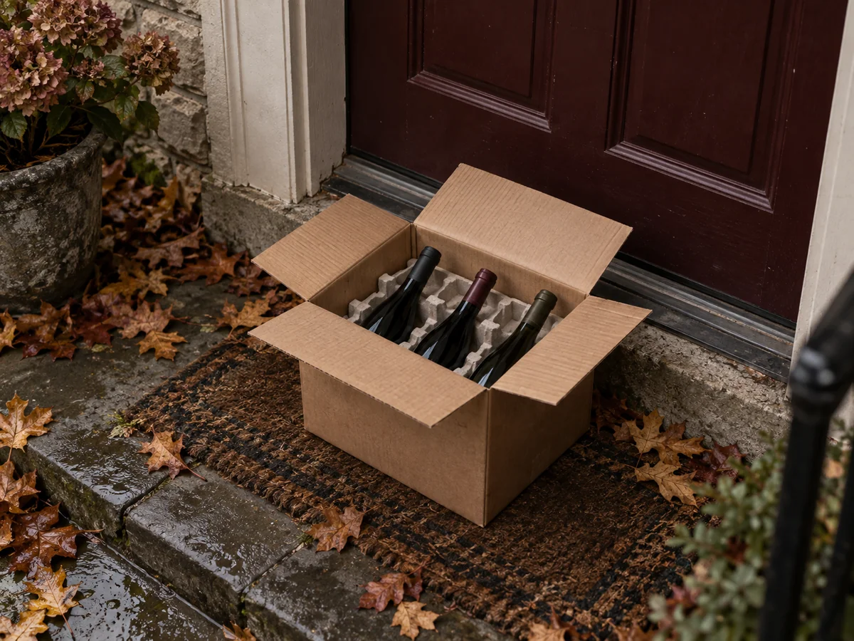 An open cardboard wine box holding three unlabelled bottles left on a doormat outside a closed front door, with wet fallen leaves on the step