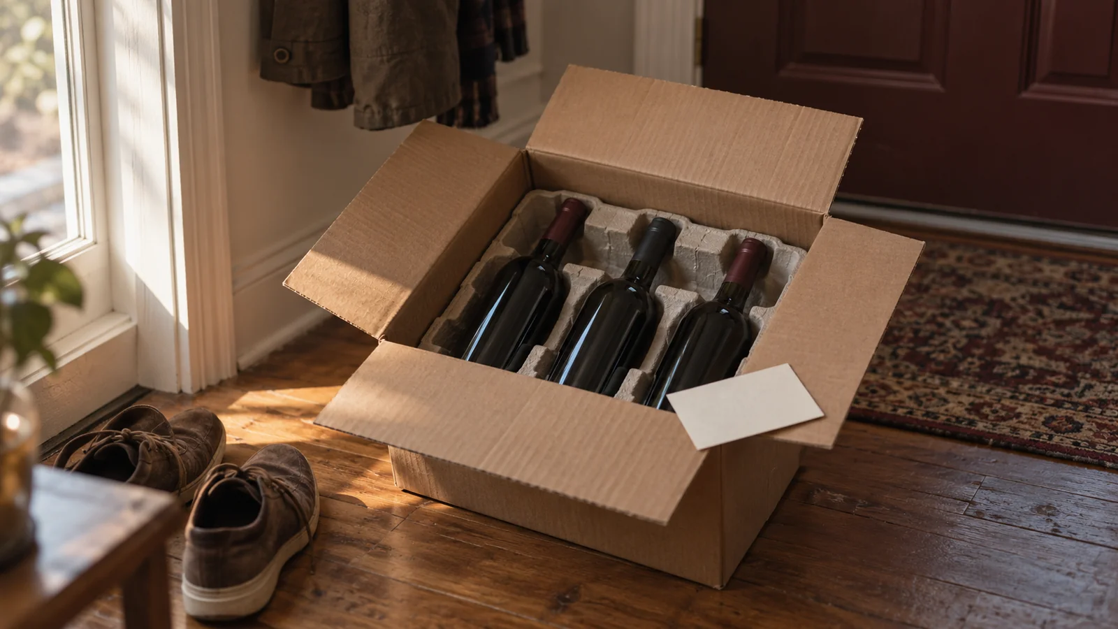 A plain cardboard wine box open on a hallway floor with three unlabelled bottles inside and a blank card resting on the flap