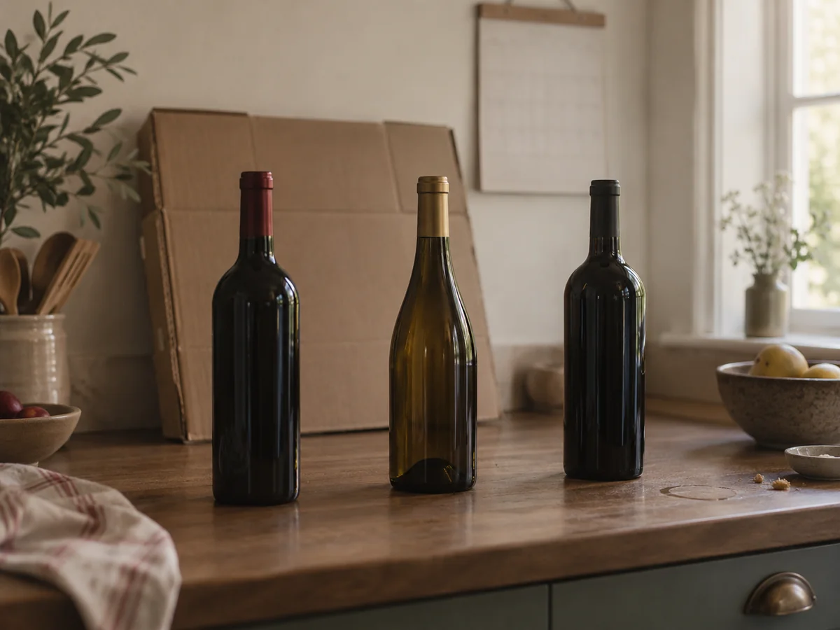Three unlabelled wine bottles spaced apart on a kitchen counter with a flattened cardboard box leaning against the wall behind them