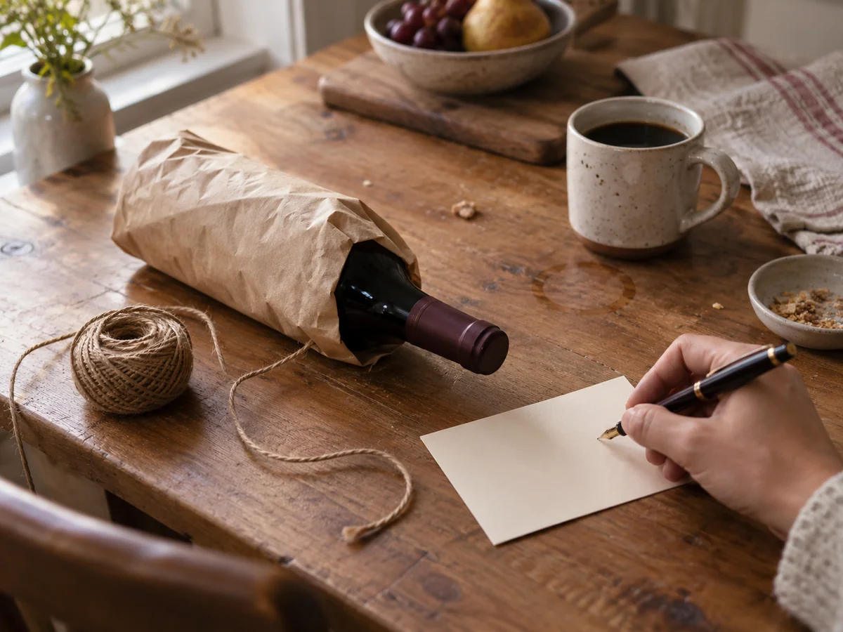 A hand writing with a fountain pen on a small blank card on a wooden table beside a bottle wrapped in brown paper, a ball of twine and a mug of coffee