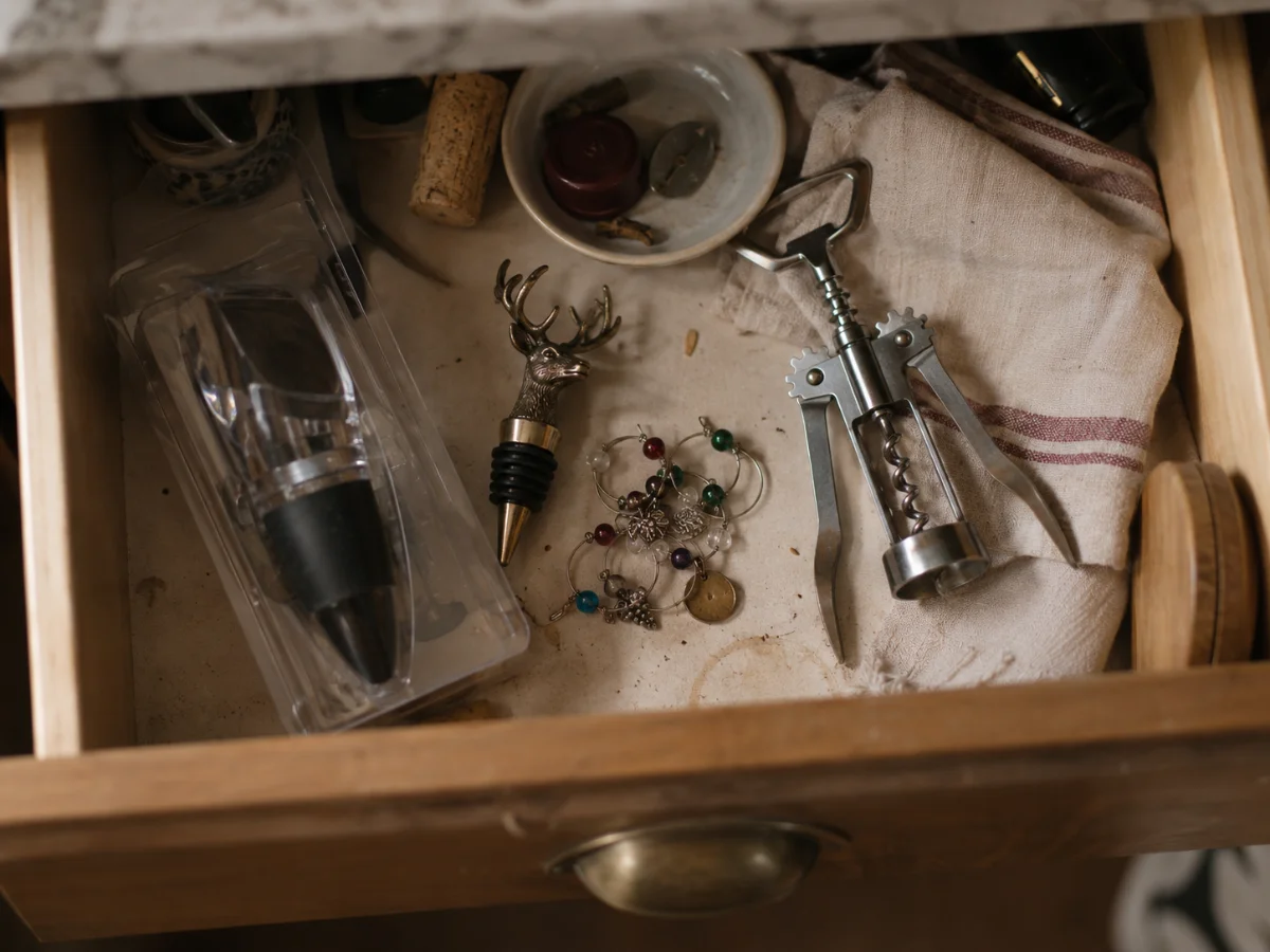 An open kitchen drawer holding a novelty bottle stopper, tangled wine glass charms, a corkscrew and an unused aerator still in its packaging