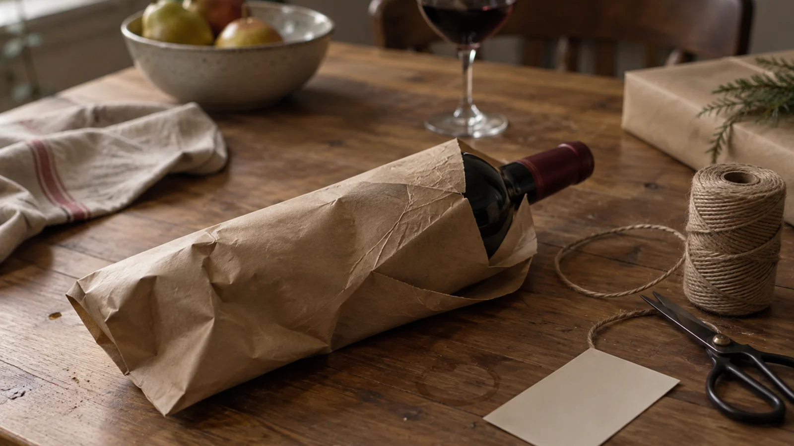 A wine bottle half wrapped in brown paper on a kitchen table, beside a blank card, a spool of twine and a pair of scissors