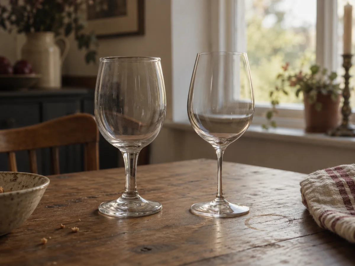 Two empty wine glasses side by side on a wooden table, one thick and heavy, the other thin and fine