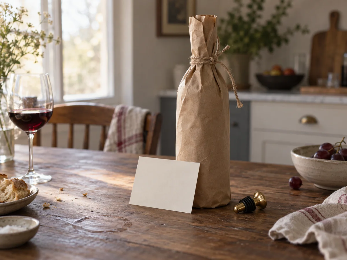 A wine bottle wrapped in brown paper and tied with twine, standing beside a blank card and a small brass bottle stopper