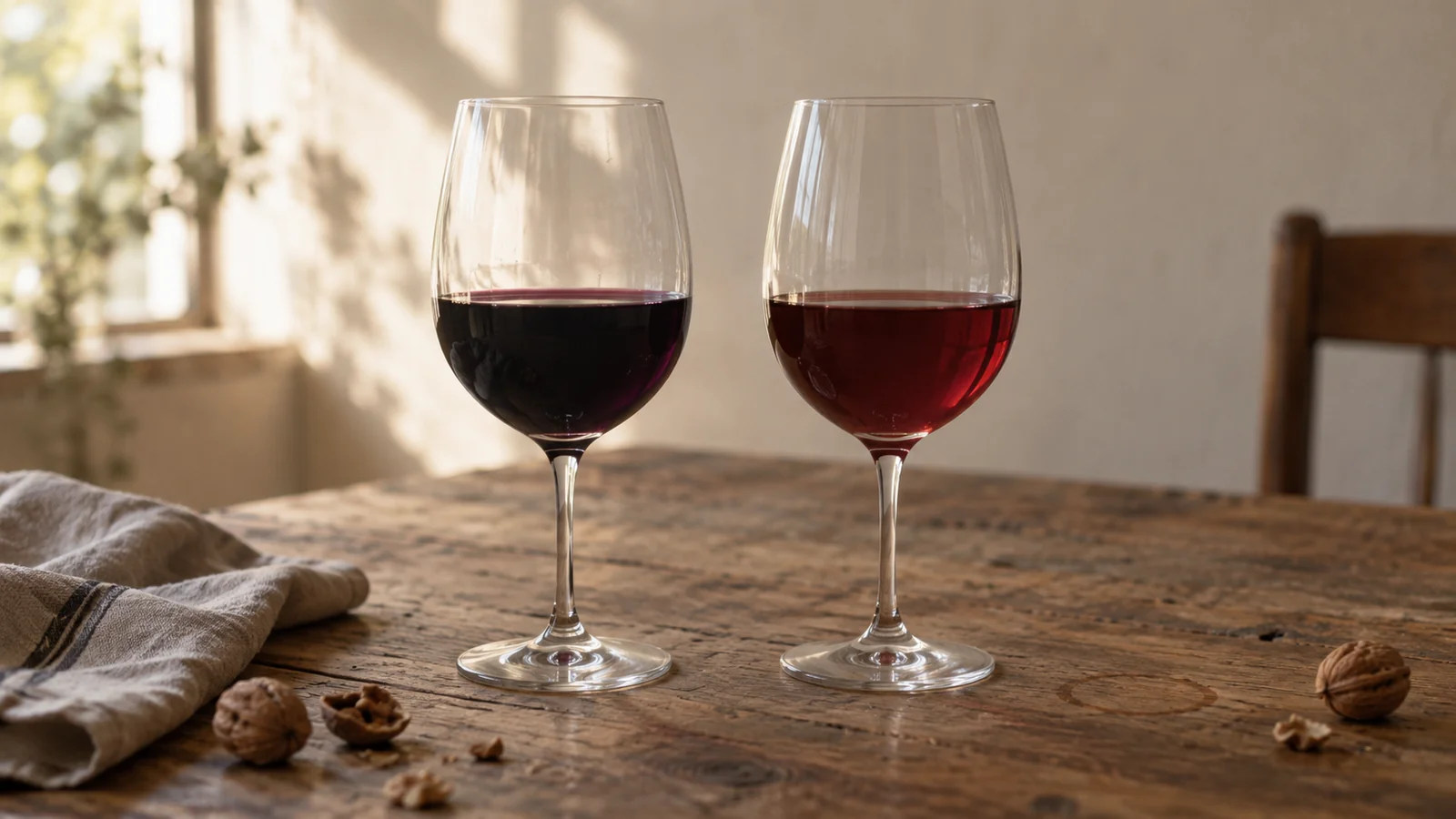Two identical glasses of red wine on a bare wooden table in window light, the wine on the left almost opaque and dark, the one on the right a lighter translucent ruby red, with walnuts and a linen napkin nearby.