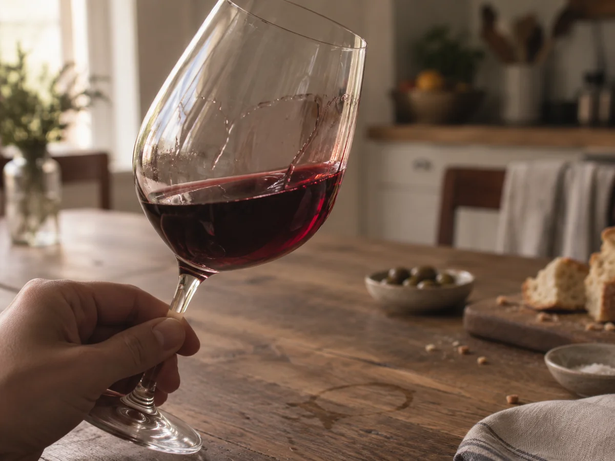 A hand holding a large red wine glass by the stem just after swirling, the wine coating the inside of the bowl, with a kitchen and a board of bread out of focus behind.