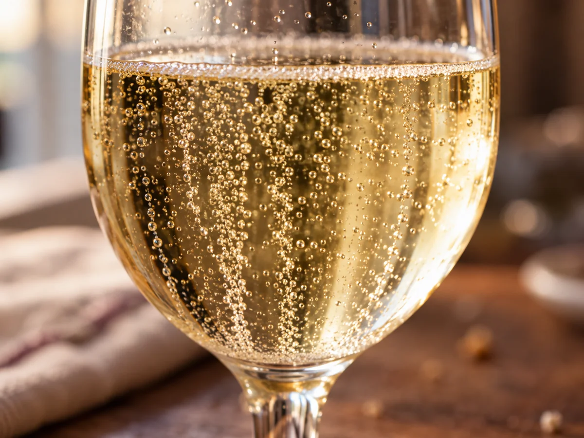 Close up of a glass of pale golden sparkling wine with dense strings of tiny bubbles rising through it, standing on a wooden table beside a linen napkin.