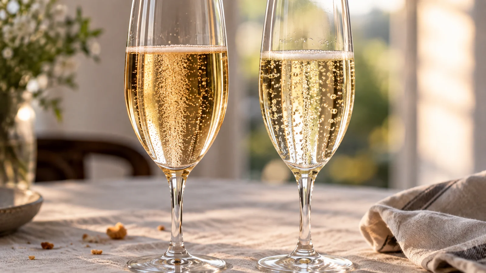 Two sparkling wine glasses side by side on a linen tablecloth by a window, the one on the left a deeper gold and the one on the right paler, both full of fine rising bubbles.
