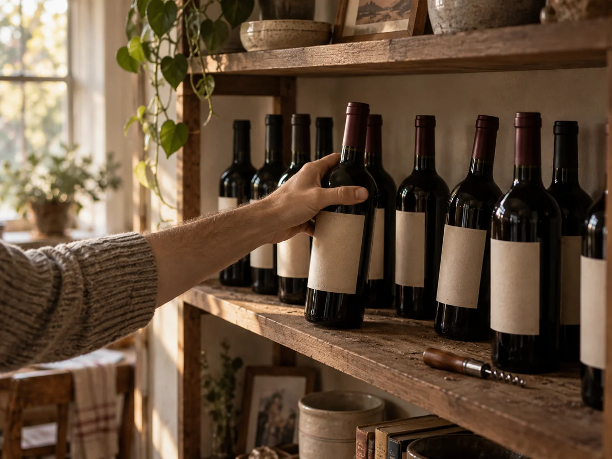 A hand taking one bottle of red wine from a wooden shelf lined with bottles, with a corkscrew lying on the shelf.