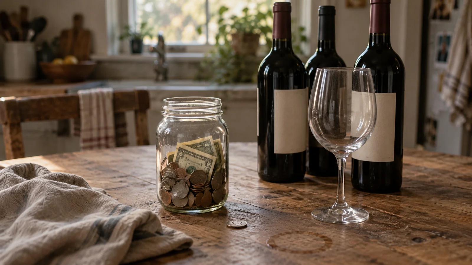A glass jar of coins and folded dollar bills on a worn wooden kitchen table, next to three bottles of red wine with blank labels and an empty wine glass.
