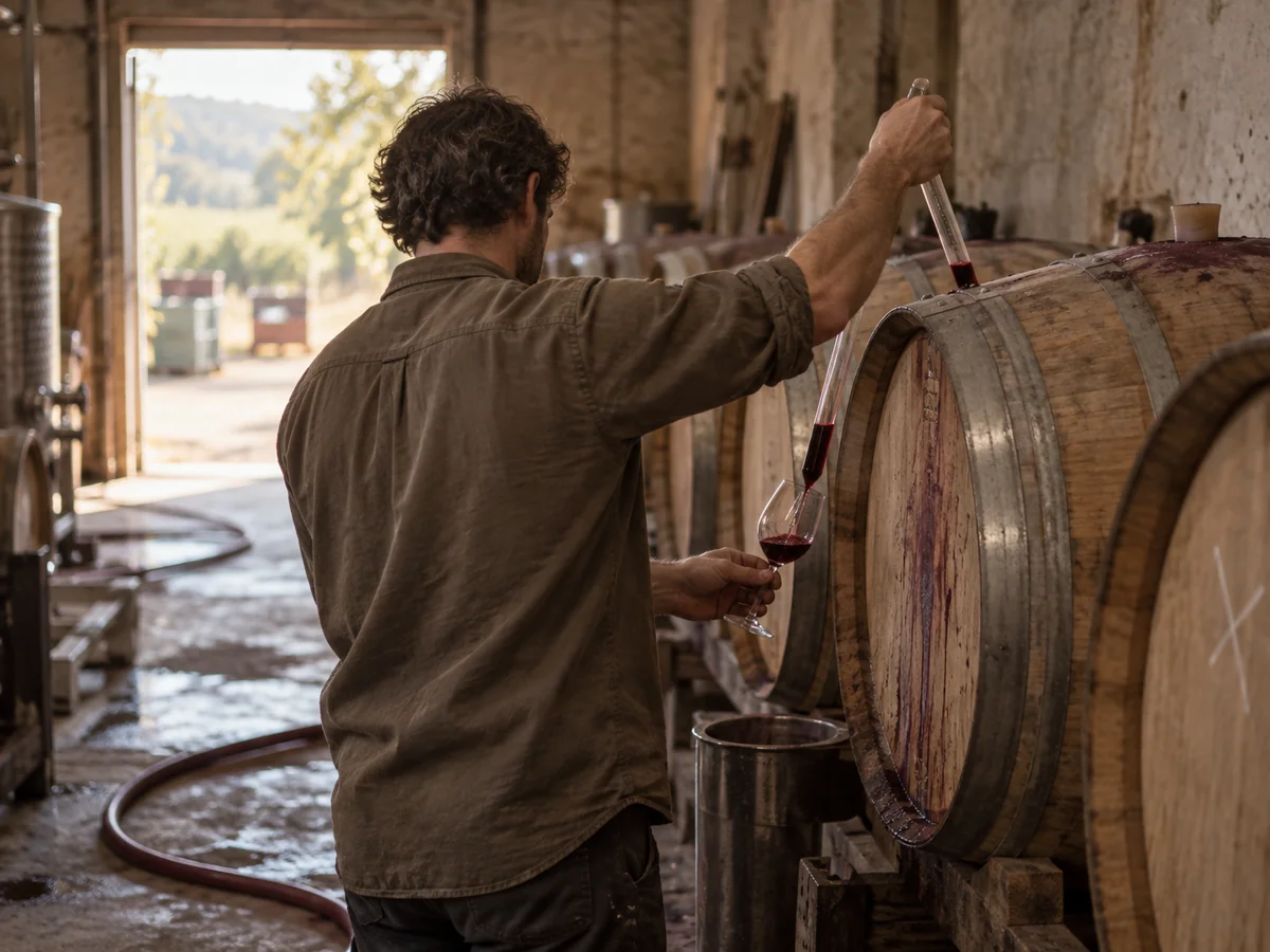 A winemaker in a cellar, seen from behind, drawing red wine from an oak barrel with a glass wine thief into a tasting glass.