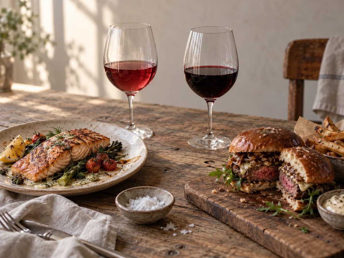 A salmon fillet beside a glass of pale red wine on the left and a burger beside a glass of deeper red wine on the right, on a wooden table in daylight.