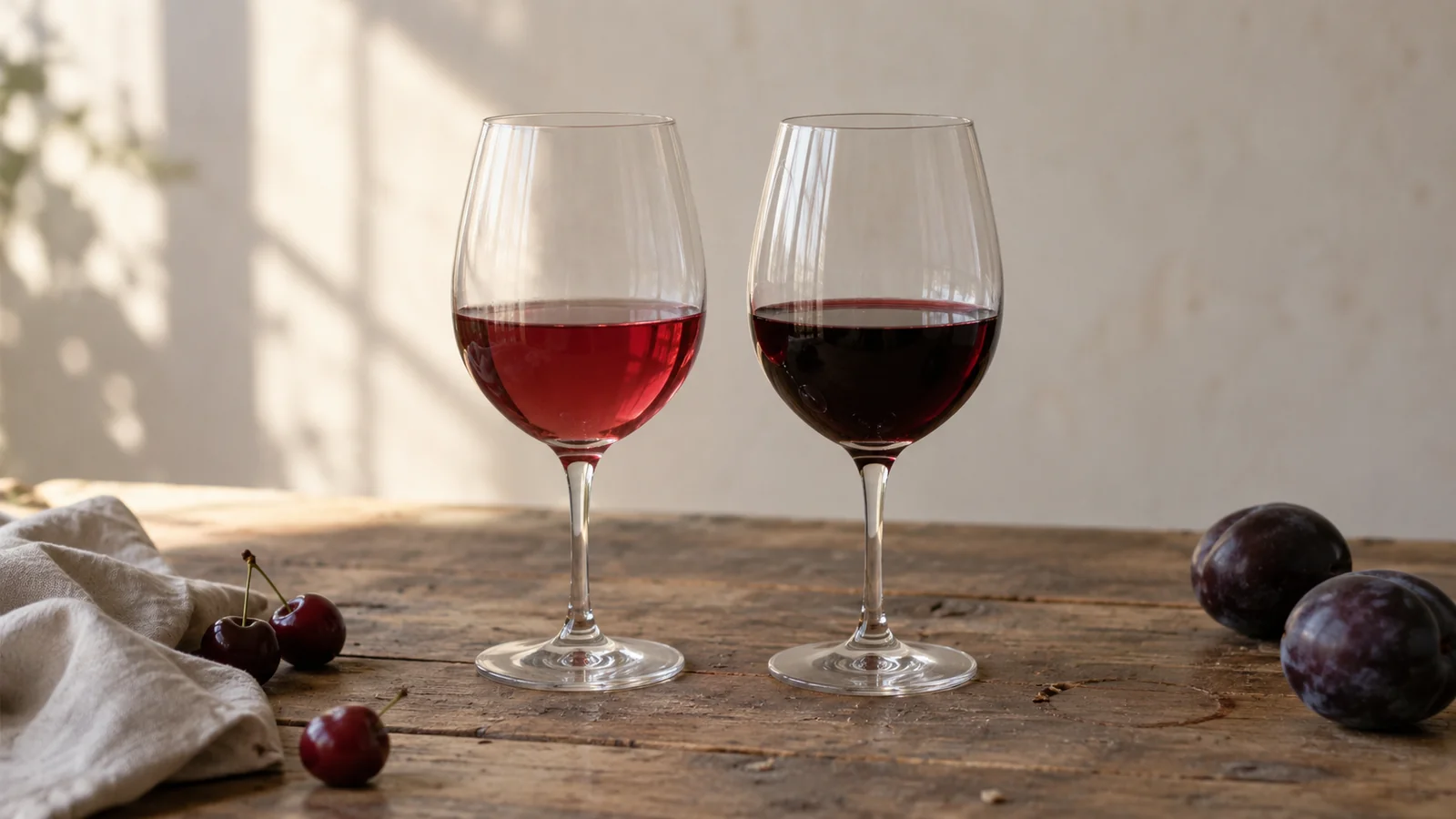 Two glasses of red wine side by side on a wooden table, the left one pale and translucent, the right one deep plum and dense, with cherries and plums beside them.