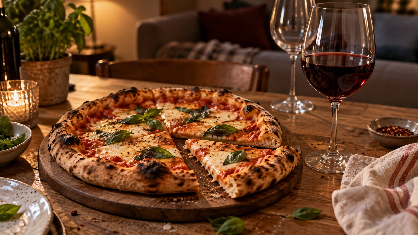 A whole margherita pizza with a blistered crust and fresh basil on a wooden board, with a glass of red wine and a second empty glass on the table beside it.