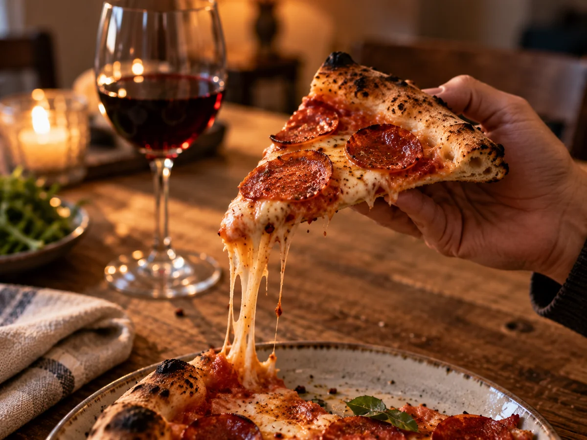 A hand lifting a slice of pepperoni pizza with the cheese stretching, with a glass of red wine and a lit candle out of focus behind.