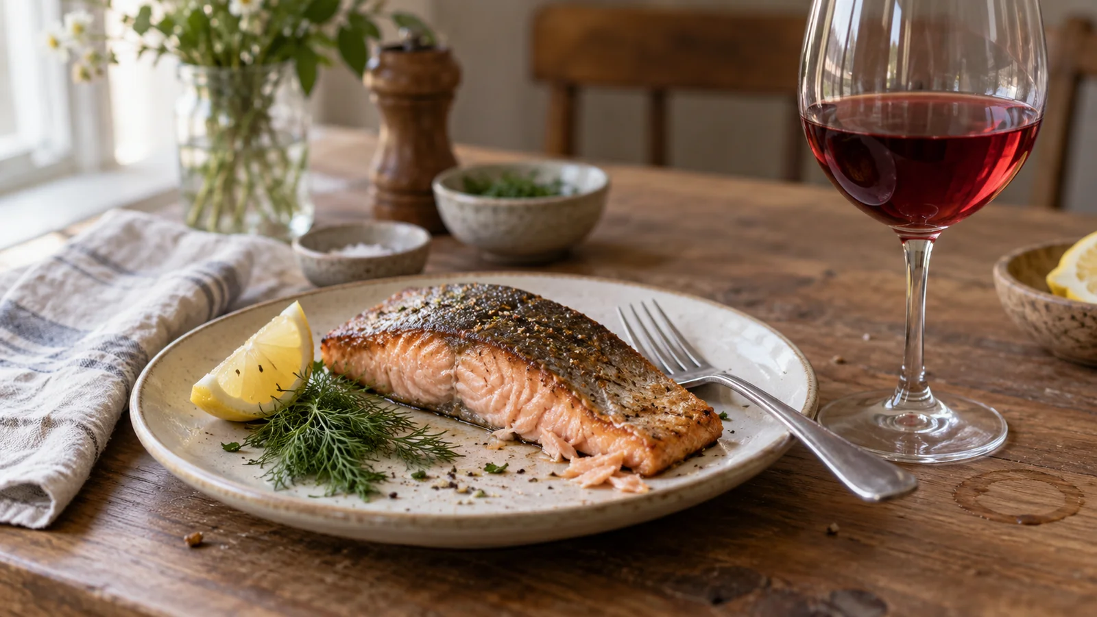 A cooked salmon fillet with herbs and a lemon wedge on a stoneware plate, with a glass of light red wine beside it on a wooden kitchen table.