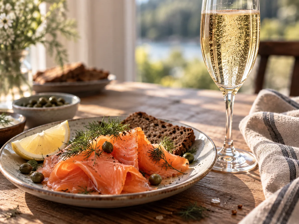 Slices of cold smoked salmon with dill, capers, lemon and dark rye bread on a plate, next to a tall glass of sparkling wine in bright daylight.