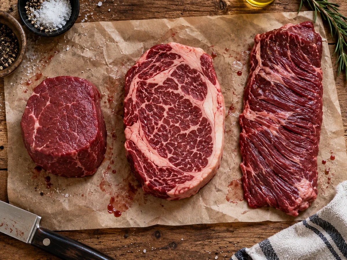 Three raw steaks on butcher paper seen from above: a lean filet on the left, a heavily marbled ribeye in the middle and a coarse grained skirt steak on the right.