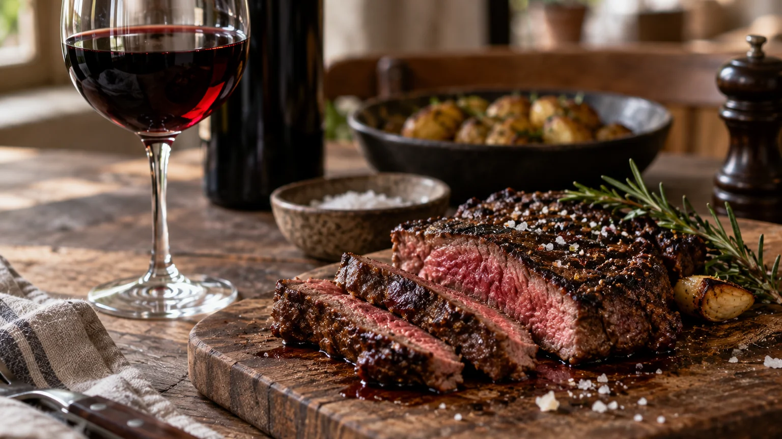 A thick sliced steak with a pink centre and a heavy pepper crust on a wooden board, with a glass of red wine, a bowl of salt and a pan of roast potatoes behind it.