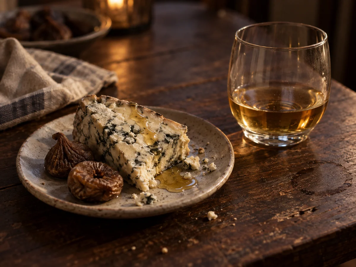 A wedge of blue cheese drizzled with honey on a speckled plate with two dried figs, next to a small glass of golden dessert wine.