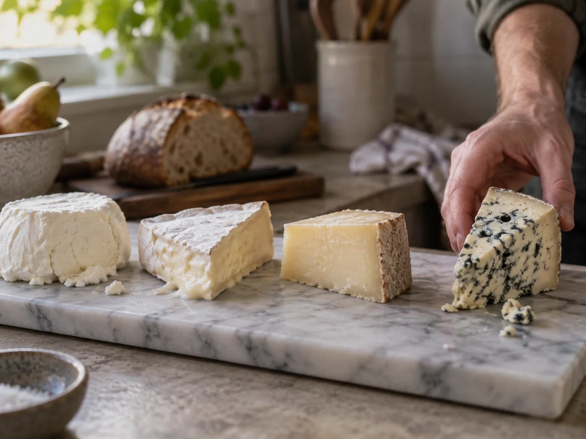 Four cheeses lined up on a marble slab from fresh white to blue, with a hand placing the last piece at the end of the row.
